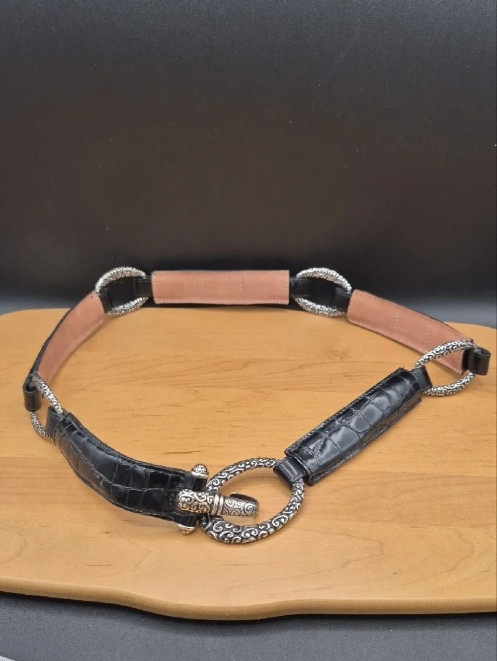 Vintage Brighton B60193 Black Croc Patent Leather Hook Belt Size 34